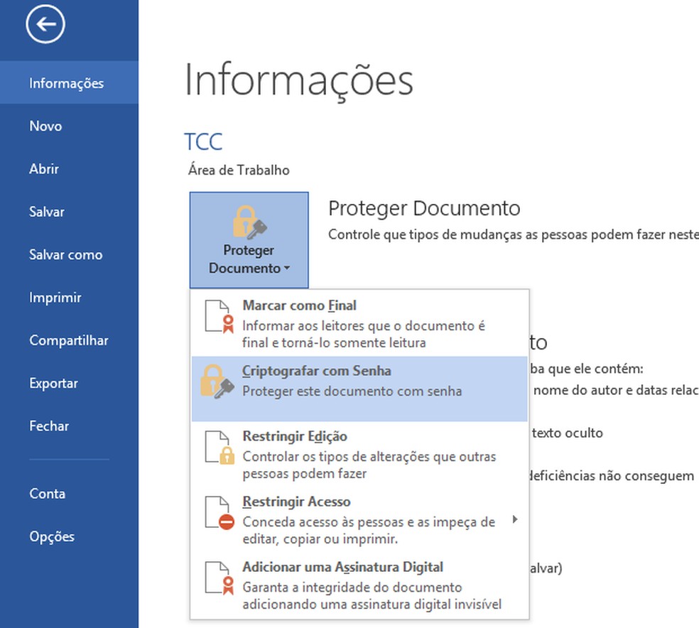 como proteger documento word com senha