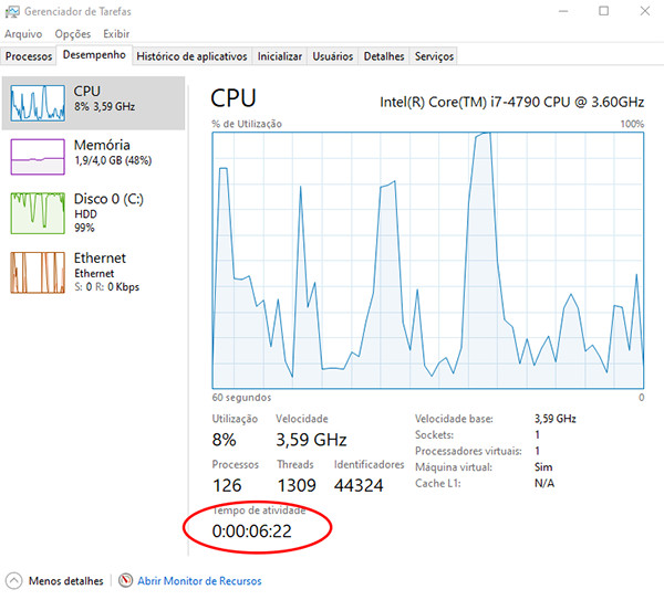 como ver o tempo de uso no computador