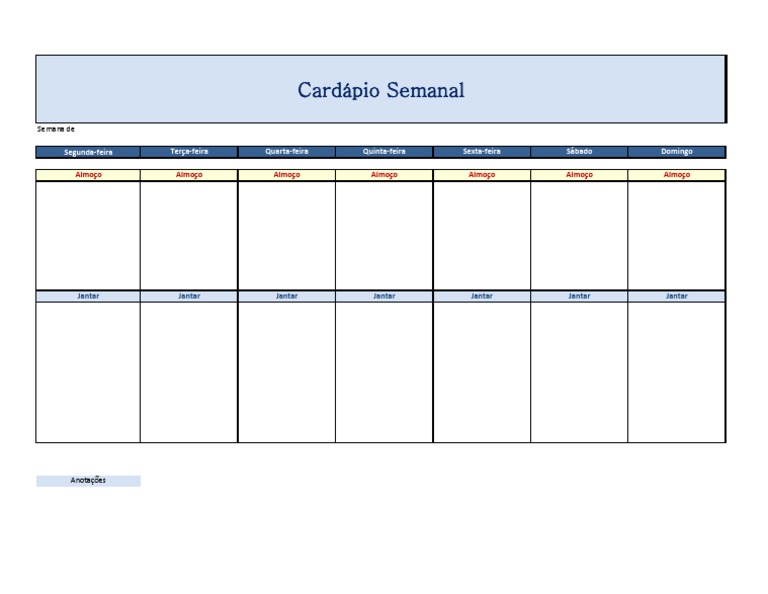 planilha de cardapio semanal para imprimir